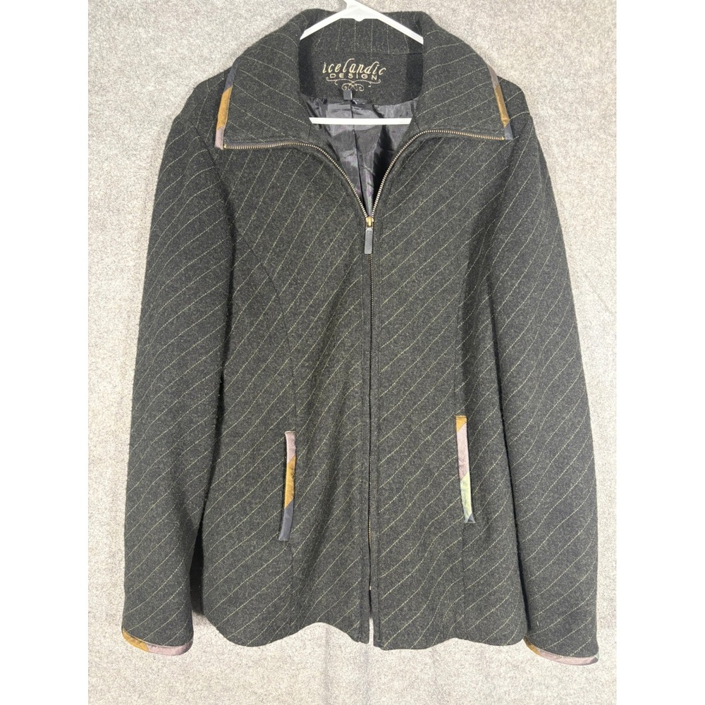 Icelandic Design Womens Wool Full Zip Jacket Charcoal Grey Pinstripe Silk Trim M